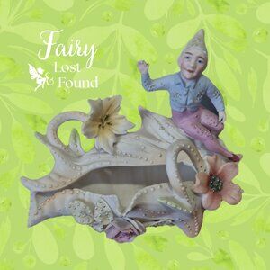 Vintage Pastel Porcelain Elf on a Shell Trinket Dish Planter